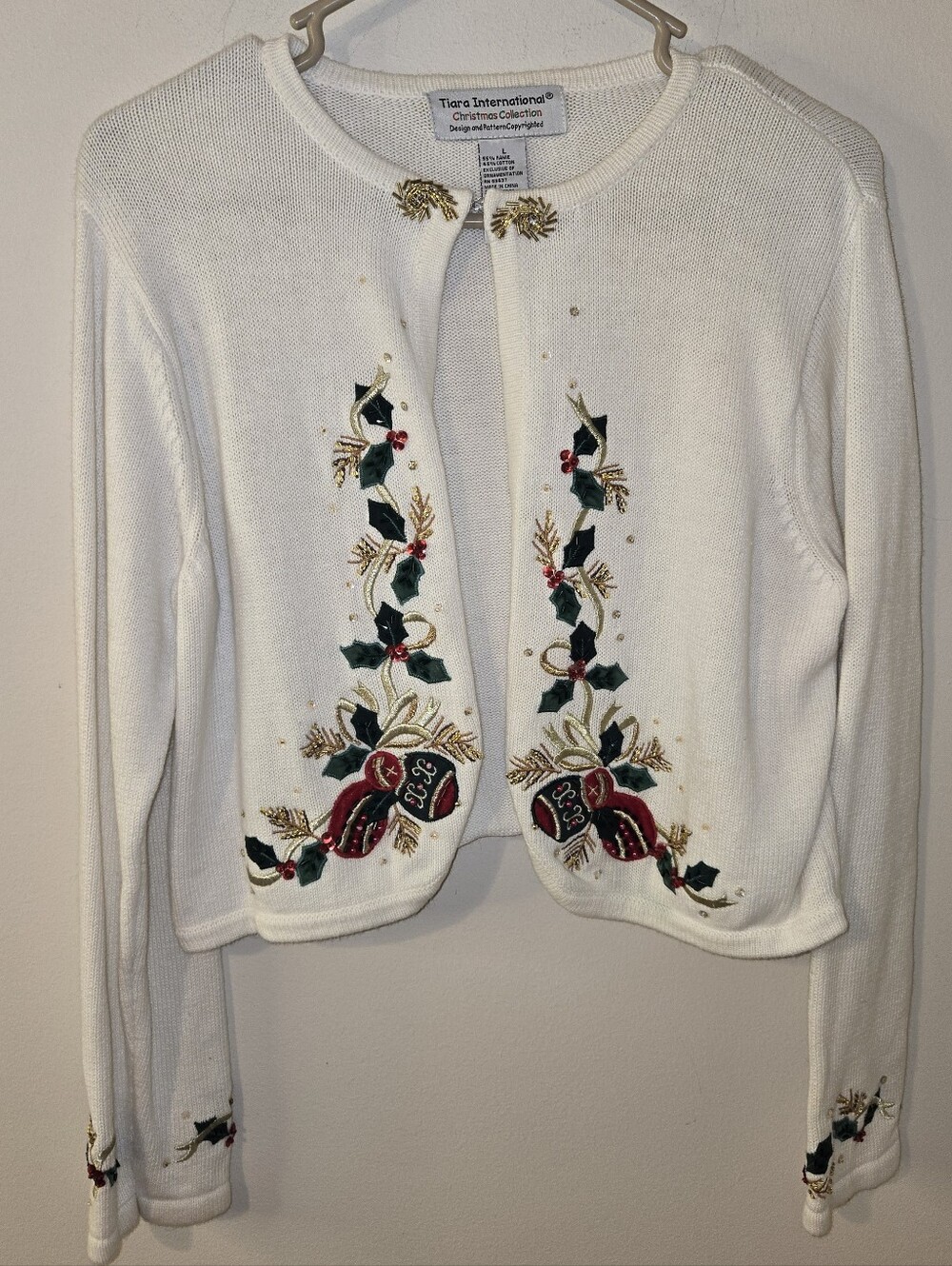 Vintage Tiara International Christmas Cardigan Sweater Embellished Bells Holly L